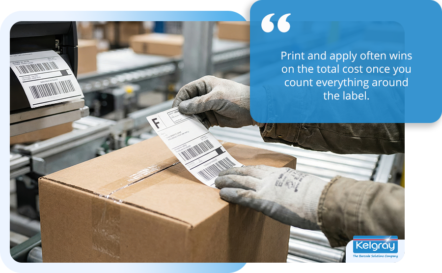 Print and apply often wins on the total cost once you count everything around the label