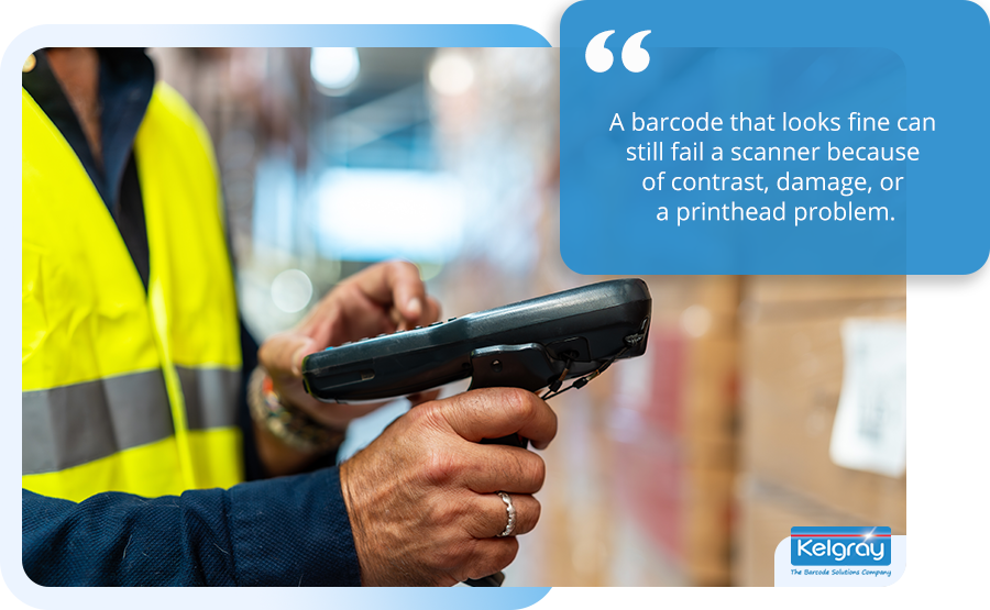 A barcode that looks fine can still fail a scanner because of contrast, damage, or a printhead problem