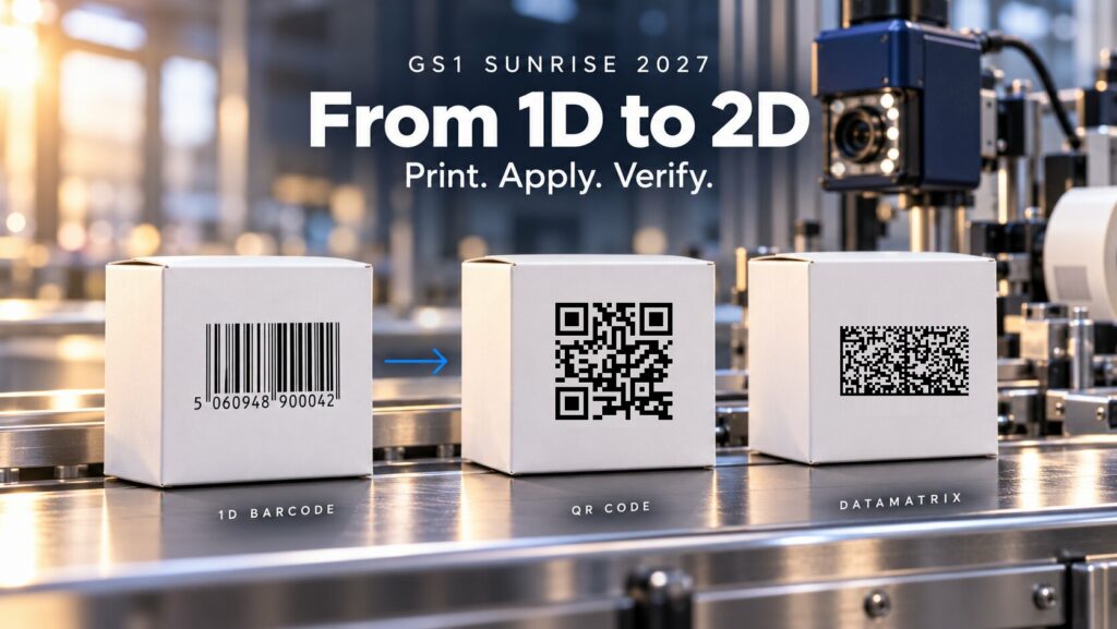 GS1 Sunrise 2027: from 1D to 2D. A 1D barcode, QR code and DataMatrix printed on packs on a production line