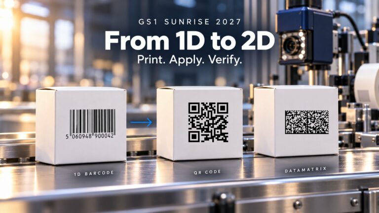 GS1 Sunrise 2027: from 1D to 2D. A 1D barcode, QR code and DataMatrix printed on packs on a production line